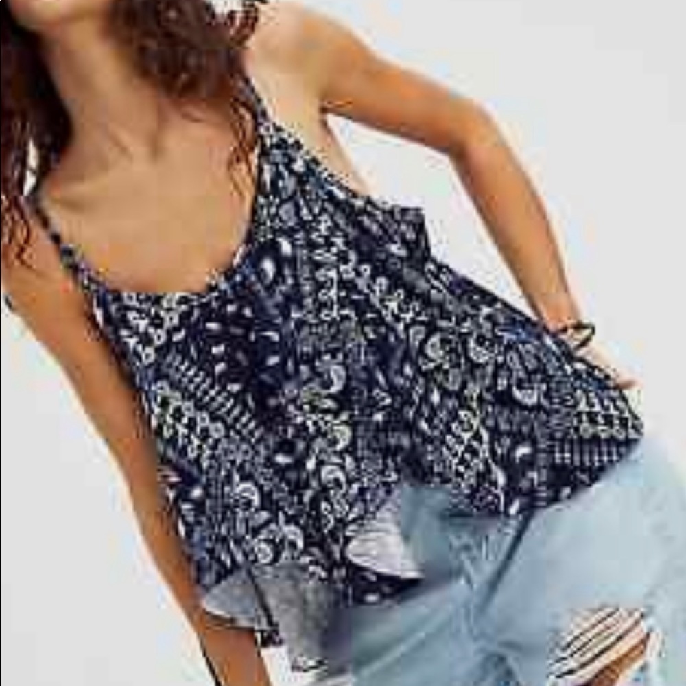 Free People We the Free HEY GIRL COTTON TANK TOP IN NAVY COMBO Size Small NWT
